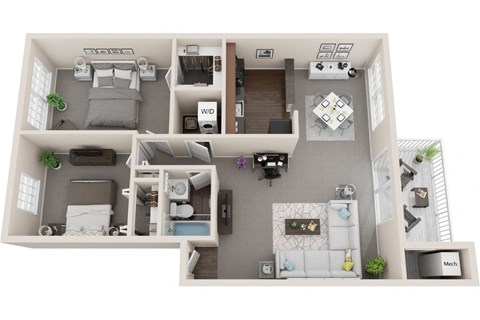 Floor plan for 2 beds, 1 bath, 988 sqft